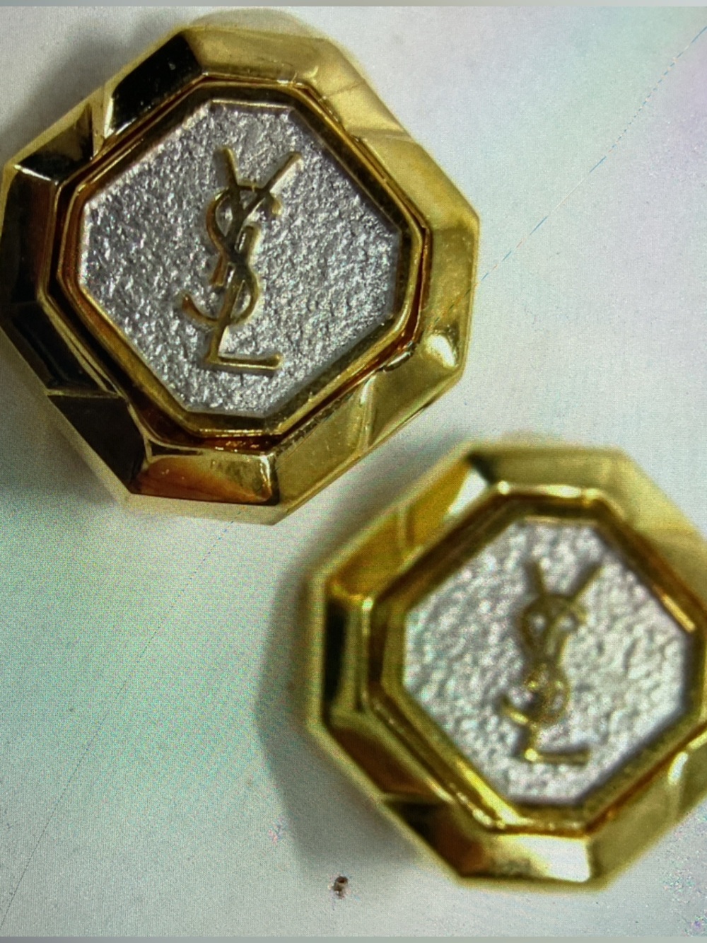 YSL Yves Saint Laurent Gold-Tone Octagon Logo Clip Earrings with Silver Center - Picture 3 of 7